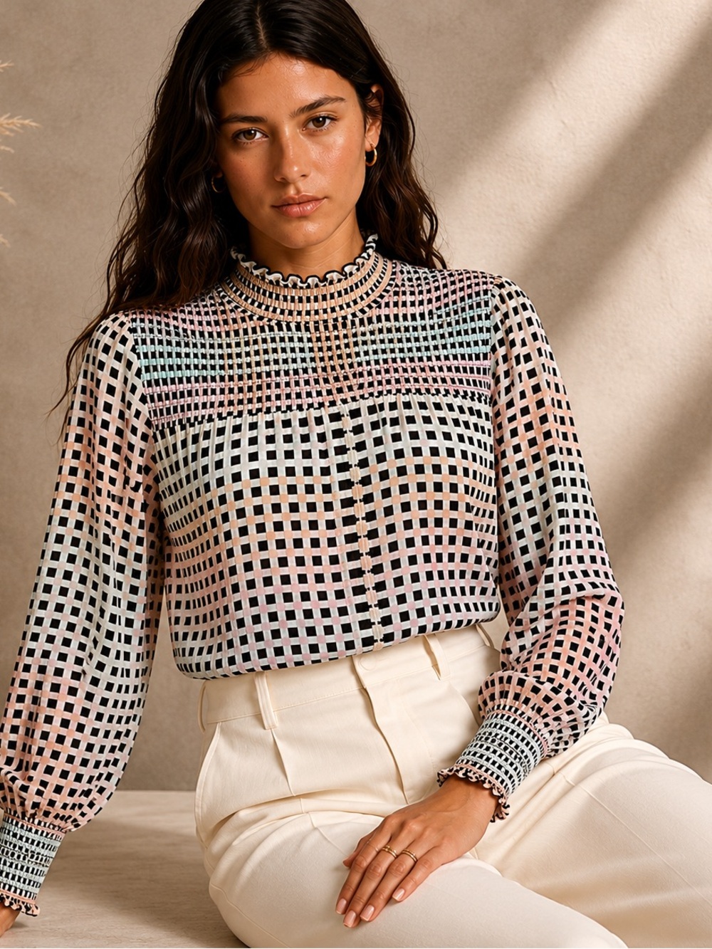 Calvin Klein Smocked Mock Neck Blouse Pastel Grid Print Top S